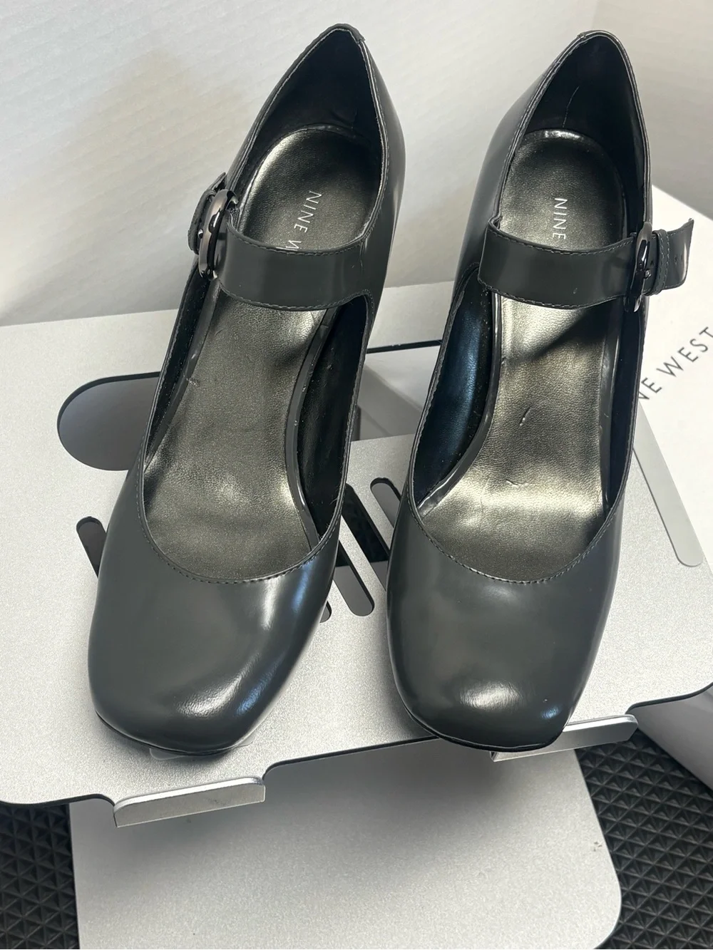 Nine West Gray Mary Jane Block Heel Pumps with Buckle Strap